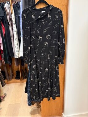 CO Black Long Sleeve Midi Dress with Cream Abstract Line Print